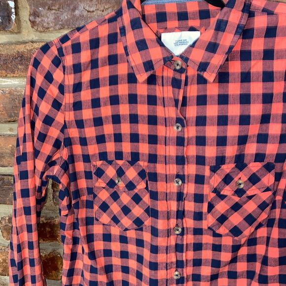 Forever 21 I Love H81 Red Buffalo Check Plaid Button Down Top Women's Size Small - Picture 2 of 5